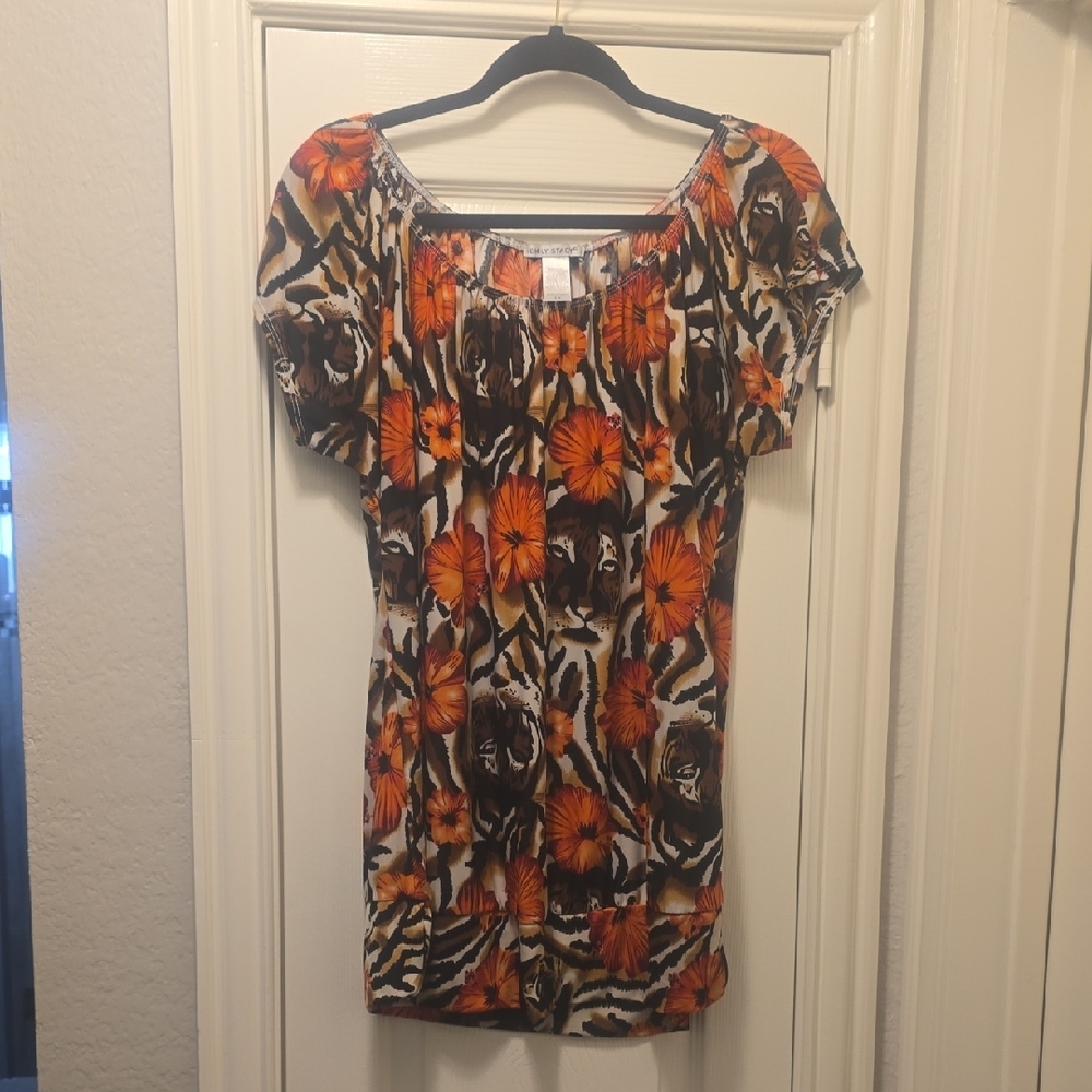 Orange and Black Fitted Ruched Cap Sleeve Blouse